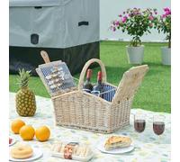 casa.pro Juego de Cesta de Pícnic para 2 Personas con Platos Cubiertos Espacio Amplio para Comida Refrescos Forro a Rayas Correas de Polipiel Mimbre 40 x 28 x 37 cm - Blanco/Azul