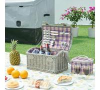 casa.pro Juego de Cesta de Pícnic para 2 Personas con Vajilla Bolsa Isotérmica Espacio Amplio para Comida Refrescos Forro a Cuadros Correas de Polipiel Mimbre 40 x 28 x 25 cm - Púrpura Beige