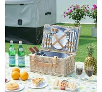 casa.pro Juego de Cesta de Pícnic para 4 Personas con Platos Cubiertos Espacio Amplio para Comida Refrescos Forro a Rayas Correas de Polipiel Mimbre 42 x 28 x 20 cm - Blanco/Azul