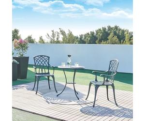 casa.pro Set Bistró de 3 Piezas Vena Conjunto de 1 Mesa con Abertura para Sombrilla y 2 Sillas Juego de Muebles de Exterior Terraza Jardín Patio Balcón Aluminio - Gris Oscuro con pátina Verde