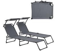 casa.pro Set de 2 Tumbonas de Playa Plegables Lomeda con Parasol Conjunto de Tumbonas de Jardín y Piscina con Toldo Reclinable Muebles de Jardín Exterior Acero 187 x 53 x 27 cm - Gris Oscuro