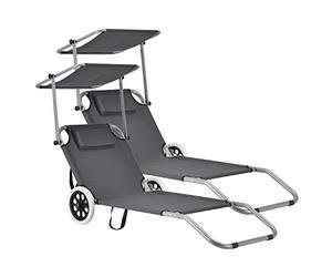 casa.pro Set de 2X Tumbona con 2 Ruedas 146 x 52 x 15 cm Silla de Playa con Parasol para jardín terraza Patio Piscina Playa Gris Oscuro