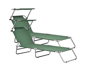 casa.pro Set de 2X Tumbona Plegable Argozelo 186 x 55 x 24 cm con Techo Parasol Toldo Acero hasta 110 kg Hamaca de Playa Asiento para Jardín Silla Reclinable Verde Oscuro