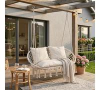 casa.pro Sillón Colgante Exterior Kailua Diseño Boho Hamaca con Cojines para 2 Personas Interior/Exterior máx. 200 kg Acero Poliéster/Algodón 135 x 129 x 65 cm - Blanco Crema