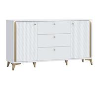 Casa Vital Cómoda Forrest Hills 232, color blanco con detalles dorados, 160,5 x 41,5 x 87 cm, tres cajones, dos armarios con cajones interiores, esquinas redondeadas, muebles de salón