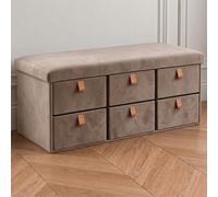 CASABEL Banco Zapatero Plegable de Terciopelo con 6 Cajones, Beige | Banco zapatero con 6 cajones, baúl modular y asiento acolchado de terciopelo, para recibidor, dormitorio o vestidor