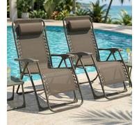 CASABEL Sillon Relax Reclinable, 2 Sillas Plegables para Jardin, Terraza Exterior o Camping, Silla Plegable Camping con Armazon de Acero y Tejido Textilene Resistente, Color Topo