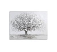 Casablanca - Cuadro decorativo XL sobre lienzo sobre marco de madera, superficie hecha a mano, estructura acrílica, diseño: árbol grande, colores: blanco, gris y plata, 90 x 70 cm
