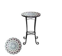 Casablanca - Mesa de jardín de mosaico para plantas al aire libre de 35 cm con estante - Parte superior de azulejos de cerámica de metal - Mesa auxiliar redonda pequeña para balcón, terraza, porche