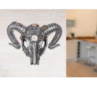 Casablanca modernes Design Objeto de pared Steampunk Buffalo de resina plateada, aspecto metálico, 32 x 40 x 14 cm