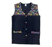 Casaca Escolar Sin Mangas Mujer Botones Multicolor Delantal Mandil Chaleco Estampado Tres Bolsillos Uniforme Maestra Peluquera Auxiliar Limpieza Cuidado Infantil Lavable - SERIE 7061 (Negro -1E, 3XL)