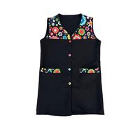 Casaca Escolar Sin Mangas Mujer Botones Multicolor Delantal Mandil Chaleco Estampado Tres Bolsillos Uniforme Maestra Peluquera Auxiliar Limpieza Cuidado Infantil Lavable - SERIE 7061 (Negro -1C, 3XL)