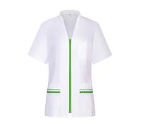 Casaca Sanitaria Mujer Cierre Cremallera Central Cuello Tirilla Manga Corta Entallada Transpirable Uniforme Profesional Farmacia Clínica Comodidad - Serie 702 (Blanco con vivo verde -2+18, 3XL)