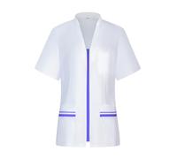 Casaca Sanitaria Mujer Cierre Cremallera Central Cuello Tirilla Manga Corta Entallada Transpirable Uniforme Profesional Farmacia Clínica Comodidad - Serie 702 (Blanco con vivo violeta -2+13, 3XL)