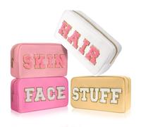 CasaCulina 4Pcs Preppy Makeup Bags Set, Cute Varsity Makeup Pouchs, Travel Cosmetic Bags Sewn with Skin/Hair/Face/Stuff Chenille Letter, Portable Nylon Zipper Toiletry Pouch Gifts for Girls Women