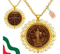 CASAJUANAS Medalla de San Benito de doble cara. Fabricada en zamak mexicano bañado en oro 14k con perlas sintéticas. Amuleto católico de protección y energía positiva Regalo mujer y hombre (Marron)