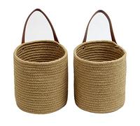 Casaphoria Cesta colgante de yute con asa, pequeña cesta de cuerda tejida para colgar flores y plantas, cesta de pared, juego de decoración bohemio, 7 x 7 x 7.9 pulgadas, paquete de 2, yute