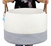 Casaphoria Cesta de cuerda de algodón con asas de cuero | Cesta tejida para ropa sucia para mantas, cesta de cuerda extragrande, cesta de zapatos y cesta de ropa tejida de 20 x 13 pulgadas,