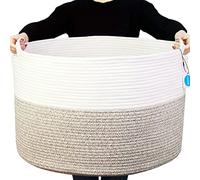 Casaphoria Cesta de cuerda de algodón XXXL para sala de estar, cesta de almacenamiento tejida con asa para mantas, toallas y almohadas, cesta de lavandería, color blanco y marrón (22 x 22 x 14