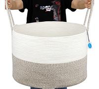 Casaphoria Cesta de cuerda de algodón XXXL para sala de estar, cesta de almacenamiento tejida con asa larga para mantas, toallas y almohadas, cesta de lavandería, blanco crema y marrón (22 x 22 x 14