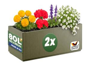 CASARIA 2X Jardinera Ethica 80L Rectangular 80 x 36 x 35 cm Verde Oliva | Base de drenaje, resistente al invierno, maceta de jardín, maceta, maceta de flores, plástico resistente a la intemperie