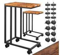 CASARIA® 2X Mesas Auxiliares Laterales para Sofá Cama Ordenador Forma C Altura 70cm Tablero Madera 50x35cm Carga 40 kg 4 Ruedas Pies Ajustables Estructura Metal Negro