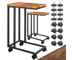 CASARIA® 2X Mesas Auxiliares Laterales para Sofá Cama Ordenador Forma C Altura 70cm Tablero Madera 50x35cm Carga 40 kg 4 Ruedas Pies Ajustables Estructura Metal Negro