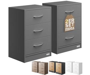 CASARIA® 2X Mesitas de Noche 3 Cajones Mesilla Auxiliar Agujero para Cable Almacenamiento 54x39x28cm Antracita