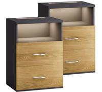 CASARIA 2X Mesitas de Noche Luz LED Gris Madera | 40x28x55 cm, 2 Cajones, Iluminación Regulable, Cómoda Altura 55 cm, Dormitorio, Hogar, Mesa Auxiliar