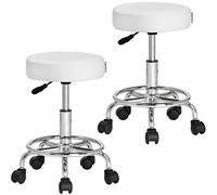 CASARIA 2X Taburete con Ruedas Giratorio Blanco | 360°, Redondo, Altura Regulable 51-65 cm, Asiento Acolchado 10 cm, Carga 100Kg, Silla Oficina, Escritorio, Trabajo