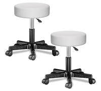 CASARIA® 2X Taburete Oficina Giratorio 360° Redondo Ø 35cm con Ruedas Silla Escritorio Trabajo Altura Regulable 46-60cm Acolchado 10cm Resistente Blanco
