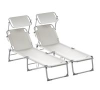 CASARIA® 2X Tumbonas con Parasol Jardín Playa Plegable Carga 150Kg 190x60cm Respaldo Reclinable Piscina Ligera Crema