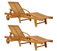 CASARIA® 2x Tumbonas Plegables Exterior Madera Acacia Silla Reclinable Jardín Respaldo Ajustable Reposabrazos Mesa Extensible 2 Ruedas Resistente Intemperie Carga 160Kg