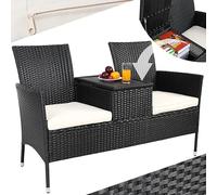 CASARIA® Banco de Jardín 143x64x88 Poliratán Negro Mesa WPC y Estante Asiento Extra Ancho Sillón Doble Exterior