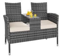 CASARIA® Banco Terraza Exterior 2 Asientos Poliratán hasta 320Kg Mesa Cristal con Cojines Estante Resistente Intemperie 143x55x88cm Gris