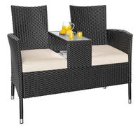 CASARIA® Banco Terraza Exterior 2 Asientos Poliratán hasta 320Kg Mesa Cristal con Cojines Estante Resistente Intemperie 143x55x88cm Negro