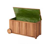 CASARIA Baúl Almacenaje Exterior 350L Madera Acacia con Ruedas y Asas | 120x55x60cm, Funda Interior, Ventilación, Borde Antigoteo, Cuerdas Seguridad, Cojines, Terraza, Jardín, Resistente Intemperie