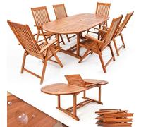 CASARIA® Conjunto de Jardín Exterior Mesa 6 Sillas Juego Comedor Patio Terraza Madera Eucalipto FSC® Asientos Ajustables 5 Posiciones Apilables Tablero Ampliable Apto Sombrilla Resistente Intemperie