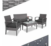 CASARIA® Conjunto Muebles Jardín 4 Piezas Poliratan 2 Sillones Incl. Cojines Banco Mesa Cristal Lounge Exterior Terraza Balcón Gris
