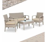 CASARIA® Conjunto Muebles Jardín 4 Piezas Poliratan 2 Sillones Incl. Cojines Banco Mesa Cristal Lounge Exterior Terraza Balcón Crema