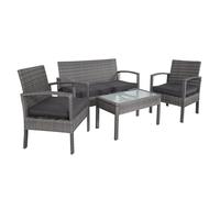 CASARIA Conjunto Muebles Jardín 4 Piezas Poliratán Mesa Cristal Gris | 2 Sillones, Banco, Cojines 5cm, Acero Galvanizado, Repelente Agua, Patas Regulables, 4 Personas, Terraza, Balcón, Ventosas