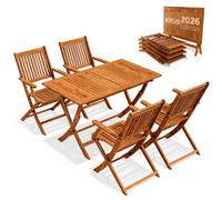 CASARIA Juego Comedor Exterior Plegable Madera Acacia Reposabrazos 5 Piezas | Set Muebles Jardín, Certificación FSC, 1 Mesa, 4 Sillas, Barra Refuerzo Extra Estable, Resistente Intemperie, Fácil Cuidado