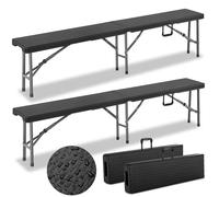 CASARIA® Juego de 2 bancos plegables para cerveza, capacidad para 8 , estilo ratán, 183 cm, plegable de plástico, de camping, bancos para cerveza, juego de bancos para cerveza, de jardín negro