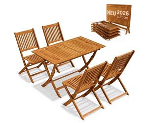 CASARIA® Juego de Muebles de Jardín 5 Piezas Modelo 2026 Mesa Extra Estable con Refuerzo Madera Acacia FSC® 4 Sillas Plegable Set Comedor Exterior Resistente Intemperie Balcón Terraza