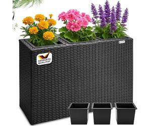 CASARIA Macetero Exterior Poliratán 3 Macetas Extraíbles con Drenaje Negro | 83x30,5x60cm, Macetas 25x25x20cm, Pies Regulables, Resistente UV, Intemperie, Tejido a Mano, Separador Ambientes, Plantas