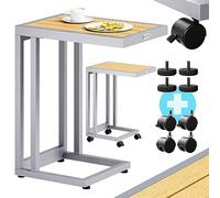 CASARIA® Mesa Auxiliar Forma C Mesita Lateral 4 Ruedas Carga 25Kg Crema | Resistente Intemperie, Pies Ajustables, Fácil Montaje, Marco Acero, Tablero WPC, Interior, Exterior, Balcón, Jardín