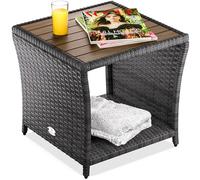 CASARIA® Mesa Auxiliar Jardín 45x45x40cm Poliratán Tablero Madera Acacia Mesa Exterior Balcón Carga 80kg Resistente Intemperie Gris