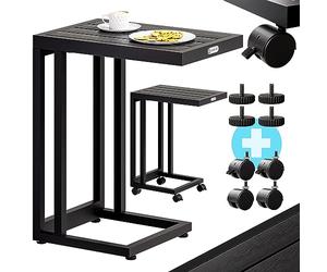 CASARIA® Mesa Auxiliar Lateral Jardín 4 Ruedas Giratorias 4 Patas Ajustables Carga 25Kg Marco Acero Resistente Intemperie Mesita Sofa Forma de C Negro