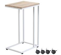CASARIA® Mesa Auxiliar Lateral para Sofá Cama Ordenador Forma C Altura 70cm Tablero Madera 50x35cm Carga 40 kg 4 Ruedas Pies Ajustables Estructura Metal Blanco