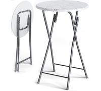 CASARIA Mesa Bar Alta Plegable Redonda 60x110Cm Aspecto Mármol Blanco